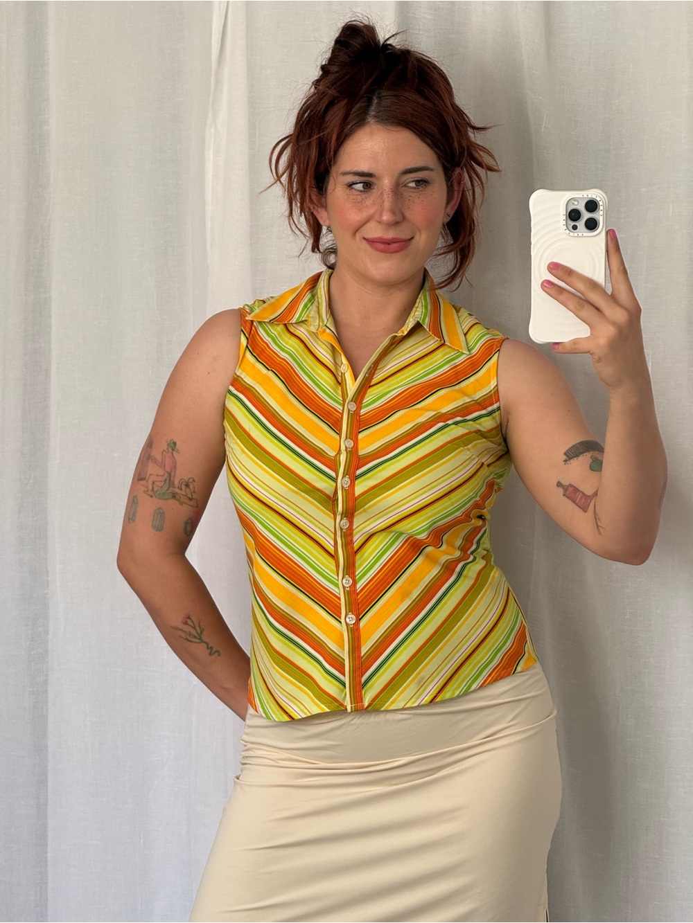 ✧ y2k citrus stripe sleeveless button up blouse ✧